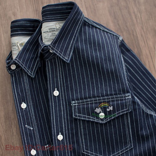 Amekaji Western Shirts Men's Vintage Indigo Denim Stripe Shirt Casual Top - Picture 10 of 20