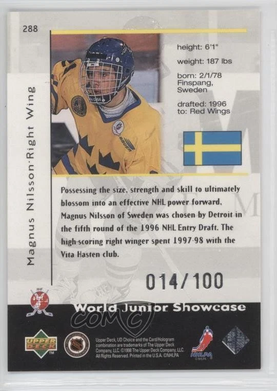 1998-99 UD Choice World Junior Showcase Prime Reserve /100 Magnus Nilsson #288 - Image 2 of 2