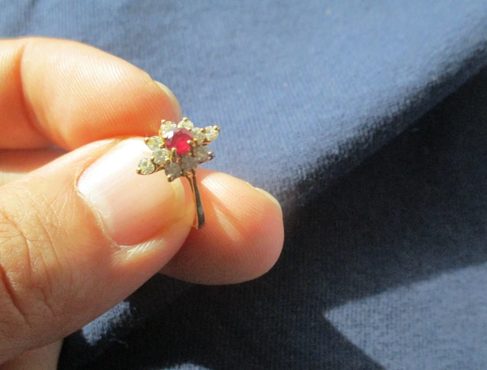 Vintage Ruby Diamond Halo 14k Yellow Gold Ring Red Teardrop Sz 3, 1.86g - Image 2 of 4