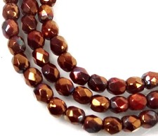50 Firepolish Czech Glass Faceted Round Beads Opaque Red - Bronze Hematite 4mm