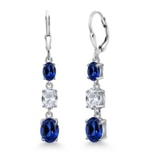 925 Sterling Silver Created Sapphire 3 Stone Dangle Earrings For Women 6.40
