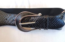 Chico's Black Belt S Silvertone Buckle w/Rhinestones Faux Leather Stretch