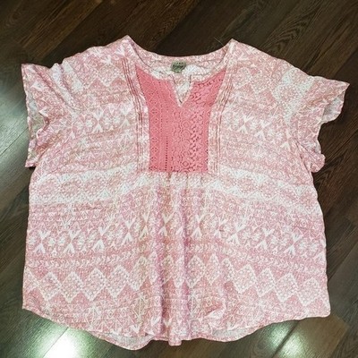Como Vintage Womens 3X Pink White Tribal Print Crochet Lace Bib Blouse Peasant