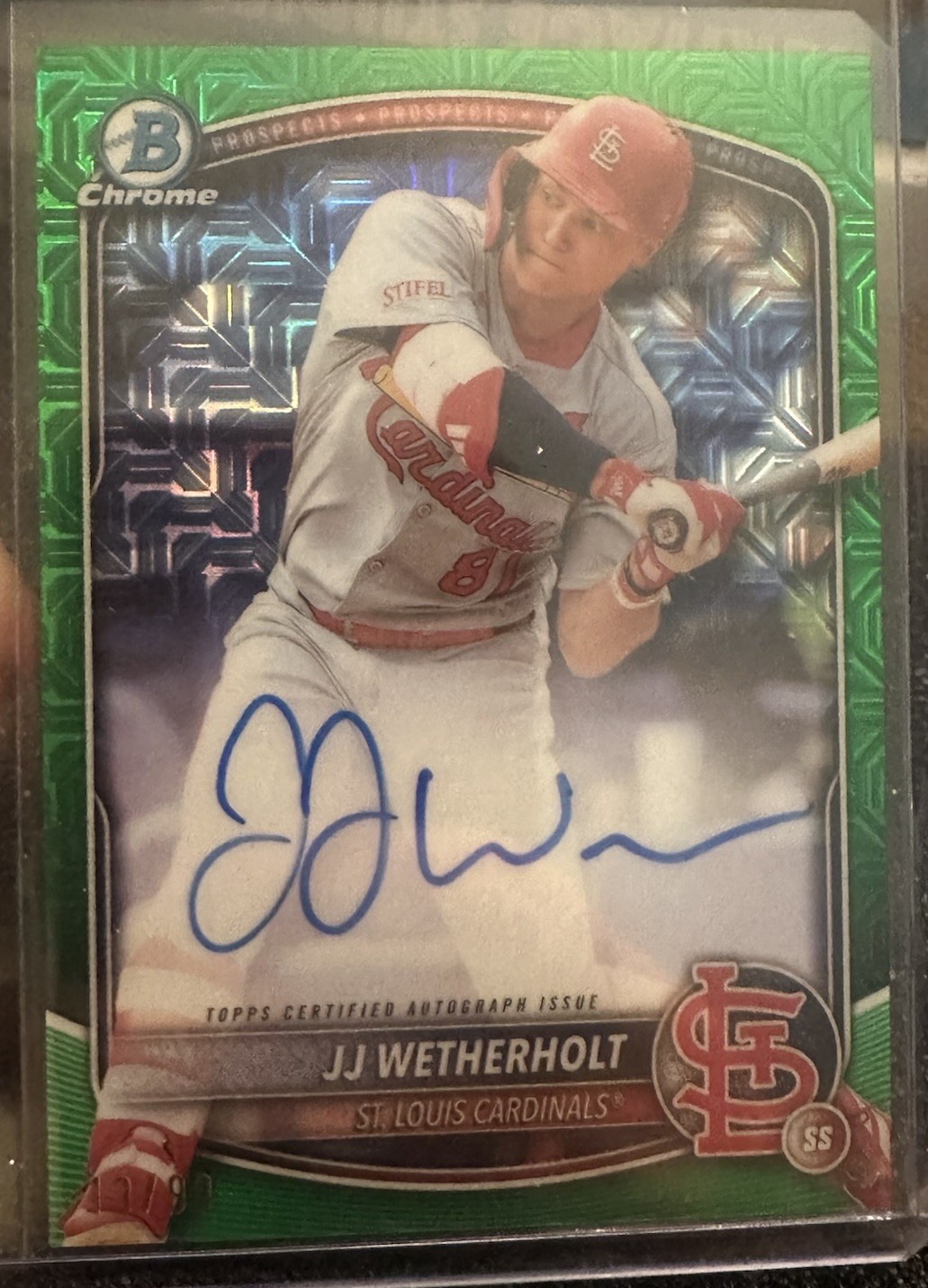 2025 Bowman Chrome JJ Wetherholt Green Mojo Refractor Auto Cardinals 13/99