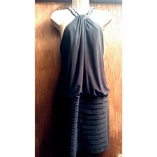XSCAPE Joanna Chen Sleeveless Embellished Crossed Collar Cut out Chest Dress 8