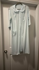 Vintage ShadowLine Robe Women L Blue Button Up 3/4 Sleeve Lace Collar Pocket