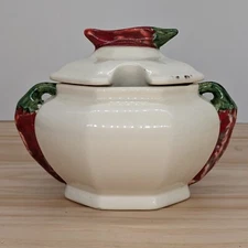 Vintage Ceramic Salsa Bowl with Lid and Spoon Rest - Chili Pepper Serving Dish