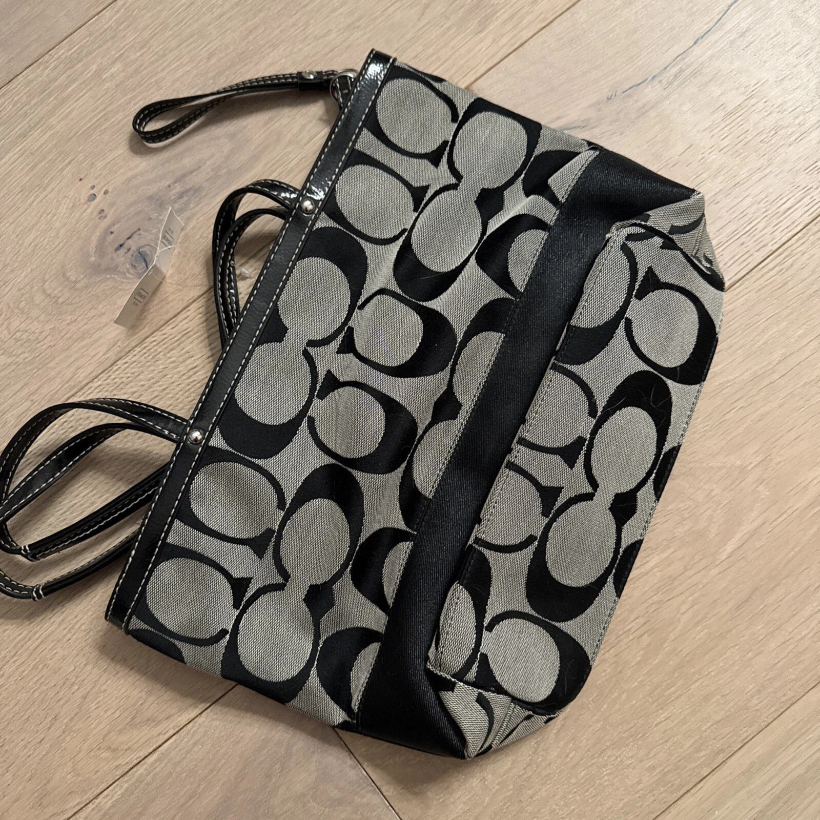 Borsa a mano Coach nera grigio firmata tela e pelle verniciata nuova con etichetta F17433