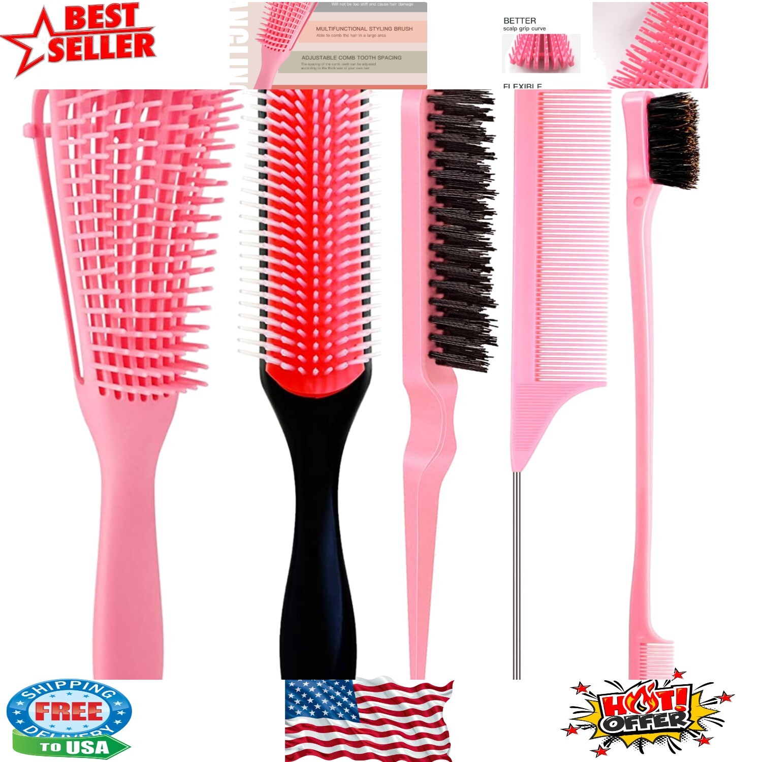 Effortless Detangling: 5-Piece Pink Brush Set with Cushioned Nylon Bristles