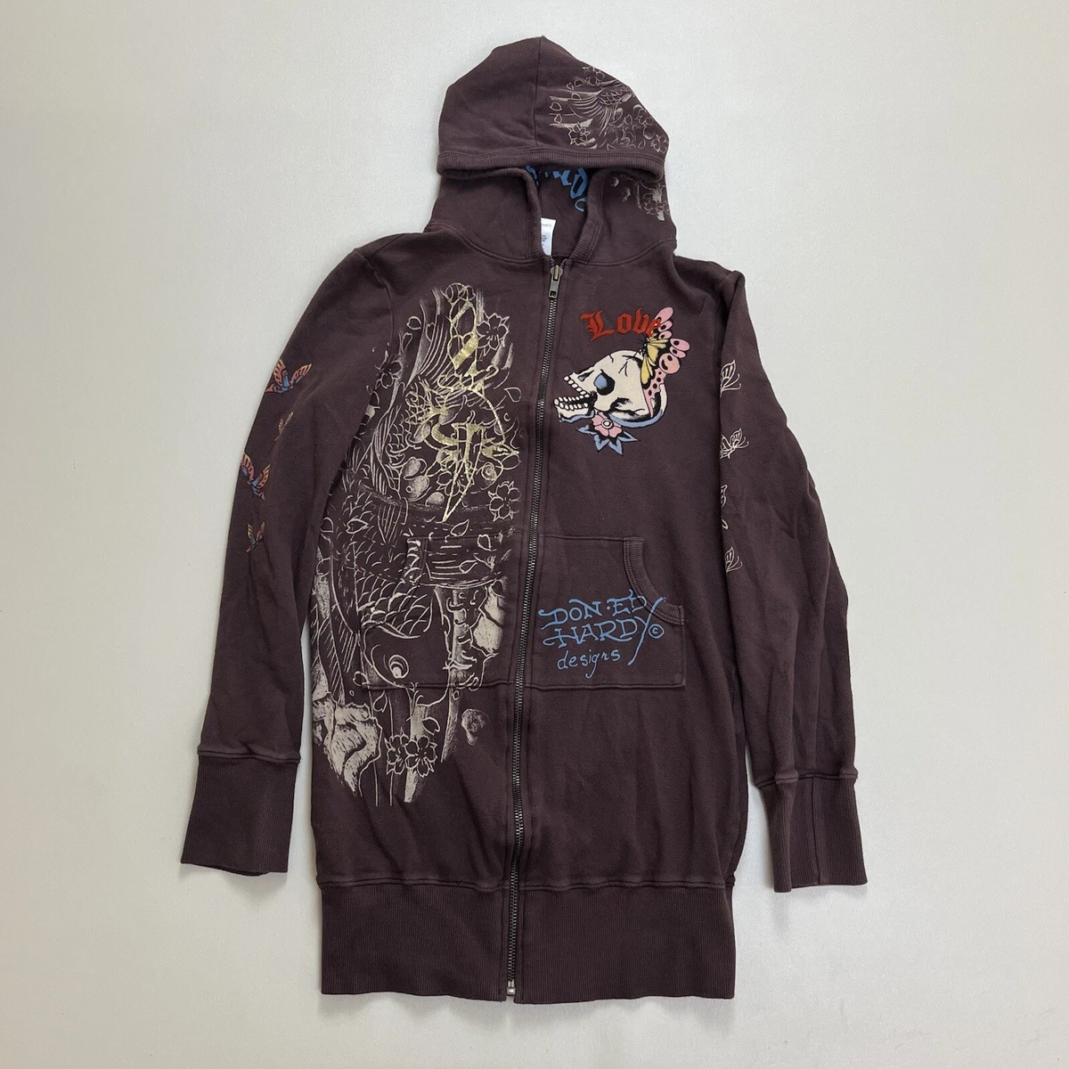 Vintage Ed Hardy Zip Up Hoodie Dress Size Small Skull Butterflies Koi Y2K  Brown | eBay