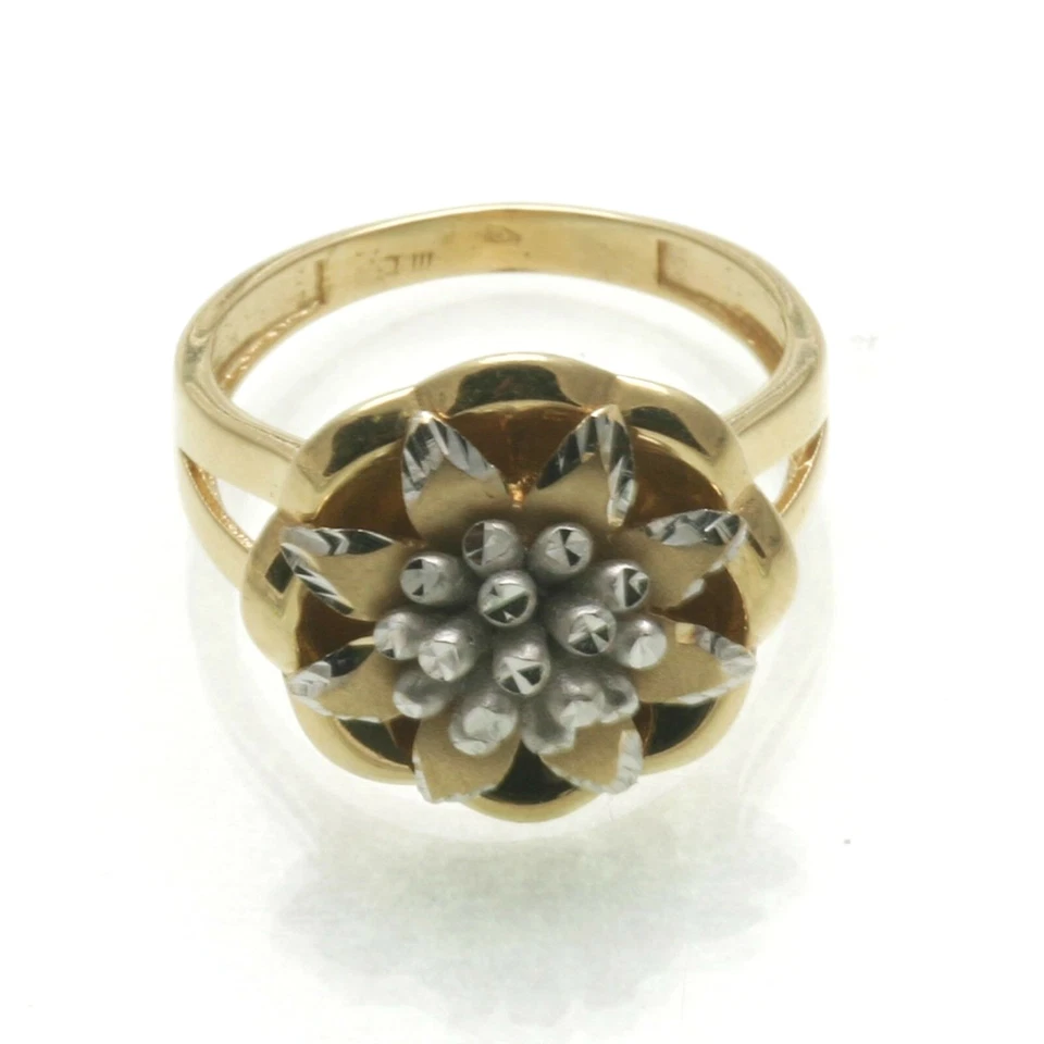 Vintage 14k Flower Ring yellow white gold two tone sparkly Estate RHR - Image 2 of 4