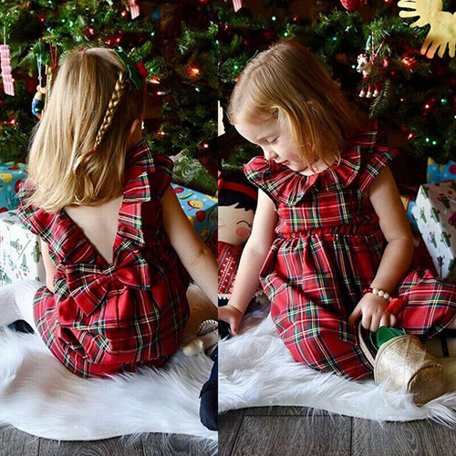 Christmas Toddler Kids Baby Girls Deer Lace Plaid Party Pageant Dress Clothes - Picture 2 of 11