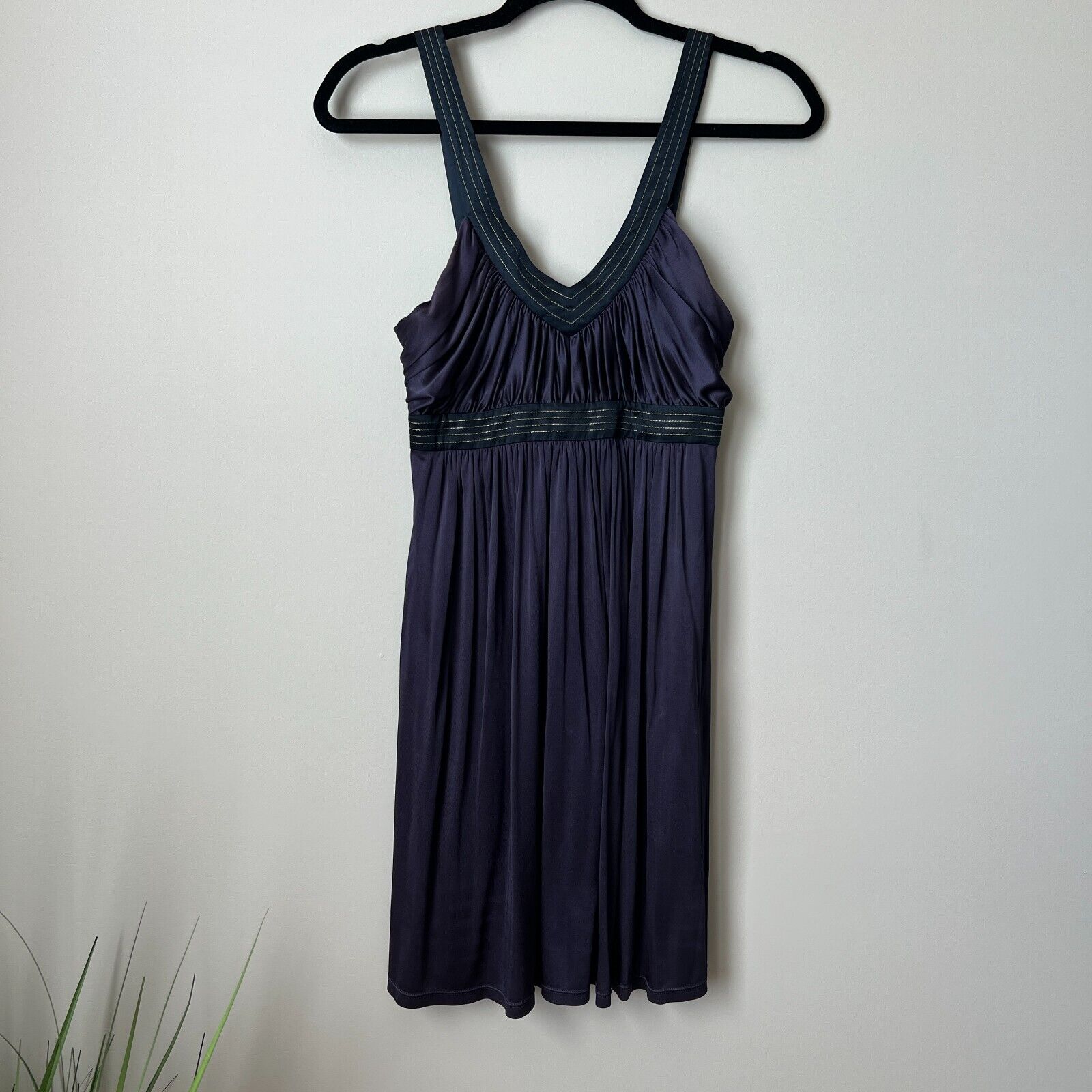 BCBG MAXAZRIA Empire Silky Sleeveless Dress | Blue-Gray with Gold Stitch | XS