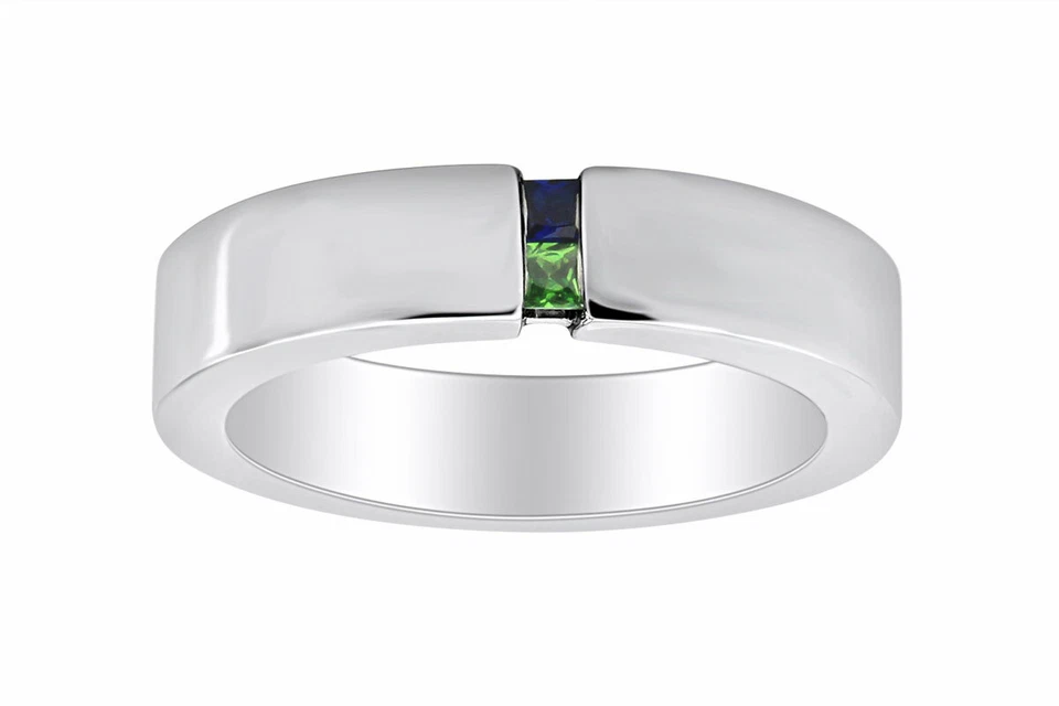 Anillo Zafiro Azul N Esmeralda Titanio Canal Conjunto Alianza de Boda 4 Él Ella Foto 3 de 4