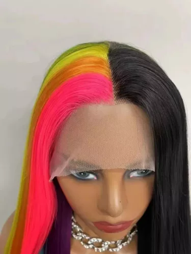 Half Black Half Rainbow Lace Front Wig 24 Inch Long Straight Synthetic Hair Wig - Picture 5 of 8
