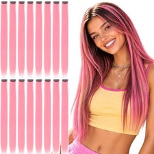 Pink Hair Extensions Clip in, 16 Pcs Colored Hair Highlights for Girls Pink D-26