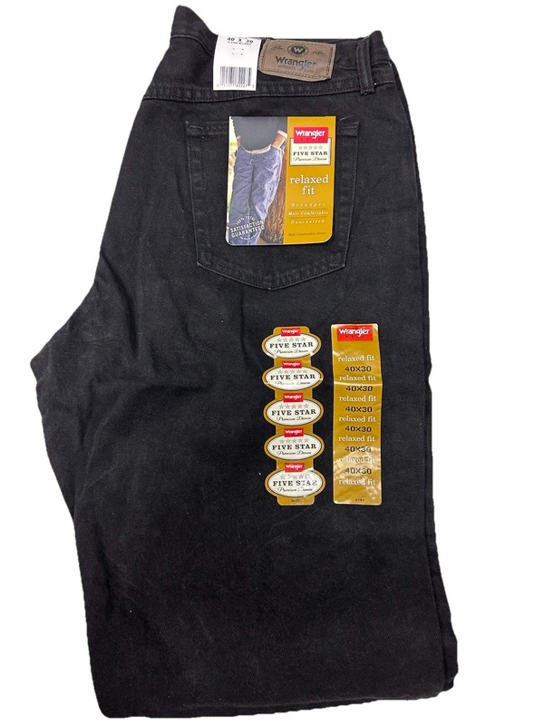 NWT Wrangler Five Star Premium Denim Mens Size 40x30 Relaxed Fit Black Jeans
