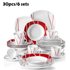 30pc dinner Tableware Plates White Porcelain Dinnerware Sets for 6 Red Stripes
