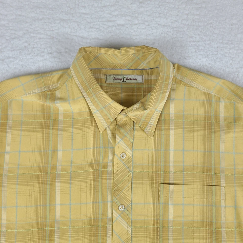 Camisa de vestir Tommy Bahama para hombre XL azul amarillo a cuadros 100 % seda abotonada Foto 3 de 4