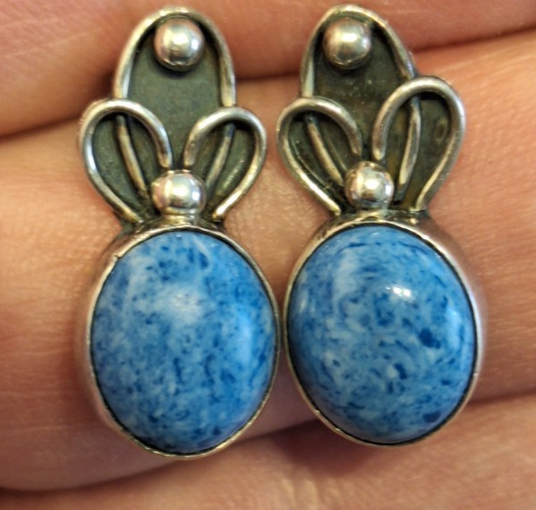 Native American Blue Gemstone Handmade Sterling Silver Stud Earrings signed "AM" View 3