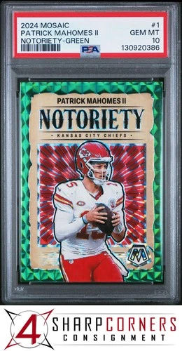2024 PANINI MOSAIC NOTORIETY GREEN PRIZM #1 PATRICK MAHOMES II PSA 10