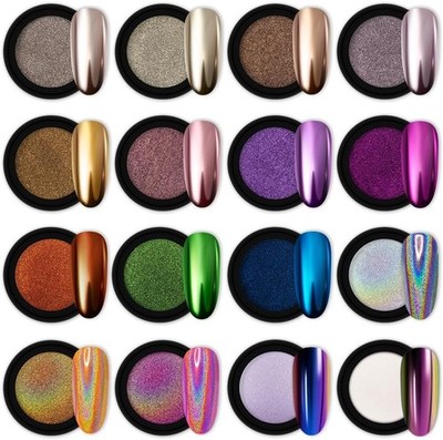 ''Chrome Nail Dipping Powder Metallic Mirror Effect for Nail Art Gel Polish 16Jar
