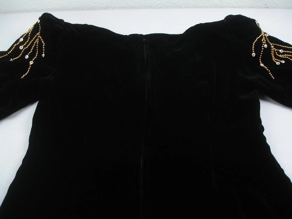 Women's XS S Vtg 1980's Asian Cheongsam Dress Sequin Floral Black Velvet Tunic - Image 4 of 4