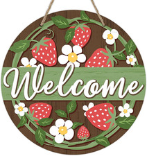 Welcome Spring Summer Strawberry Front Door Sign, Daisy Flower Farmhouse Wood Do