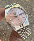 Vintage Seiko 5 SNXS Men's Automatic Watch Japan Day Date 7009 Salmon Dial