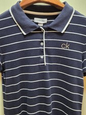Calvin Klein Dress Womens Medium Navy White Stripe Polo Shirt CK Logo Casual