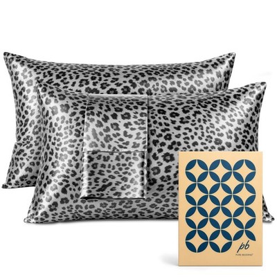 Pure Bedding Satin Pillowcase 2 Pack - Queen Pillowcases, Silver Leopard 