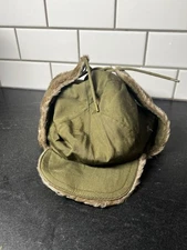 VTG US Army 1950s Poplin Cap Hat Ear Flaps Wool Pile Lining Sz 7 1/4 Korean War
