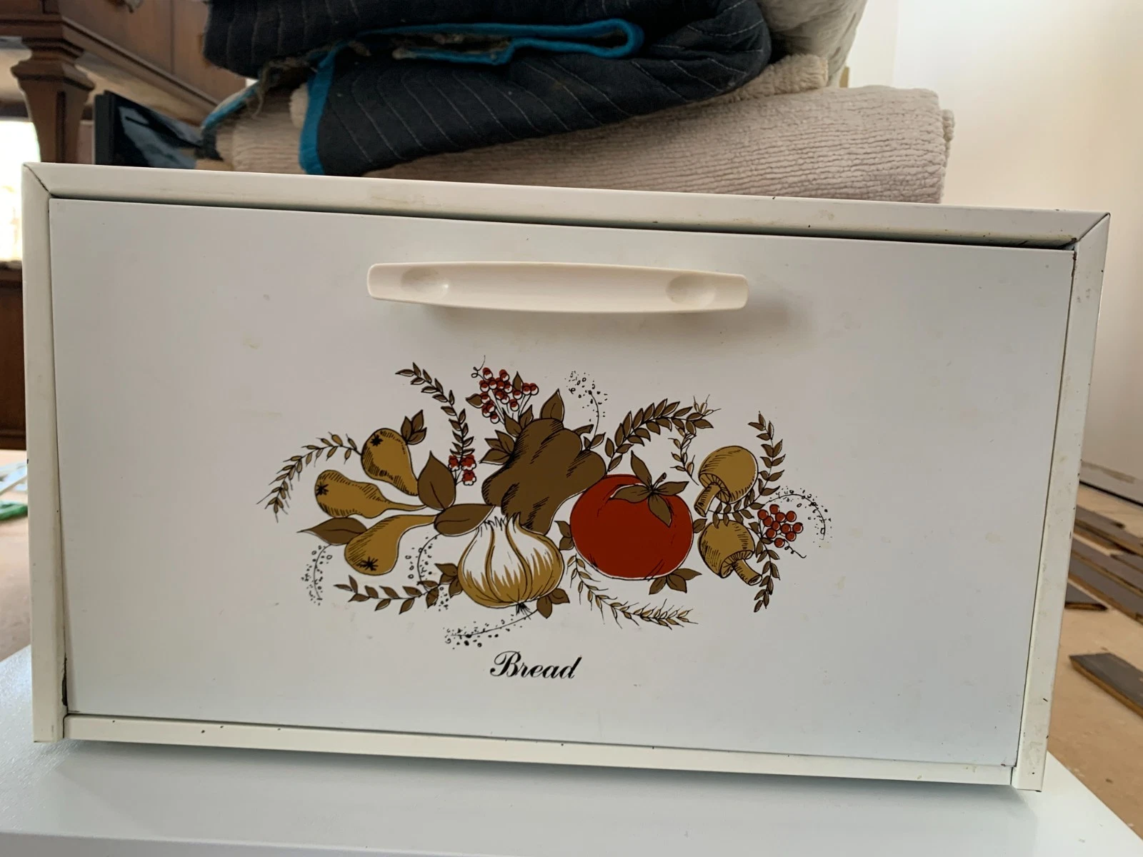 Vintage Mid-Century White Aluminum Metal Bread Box Mushroom & Vegetable Graphic