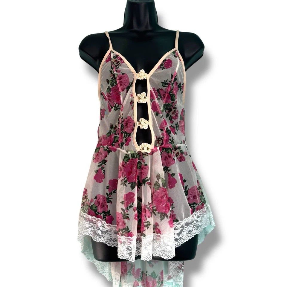 Small Y2k Chemise Slip Cami Dress Laces Bow Babydoll Coquette Feminine Floral - Image 4 of 4