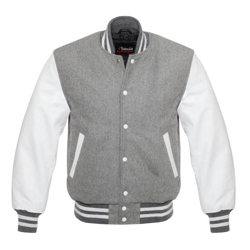 Warm Wool Varsity Jacket with Cowhide Leather Sleeves Classic Bomber Jacket