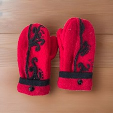 Hand Knit Kids Embroidered Red Wool Mittens Black Floral Cotton Lined