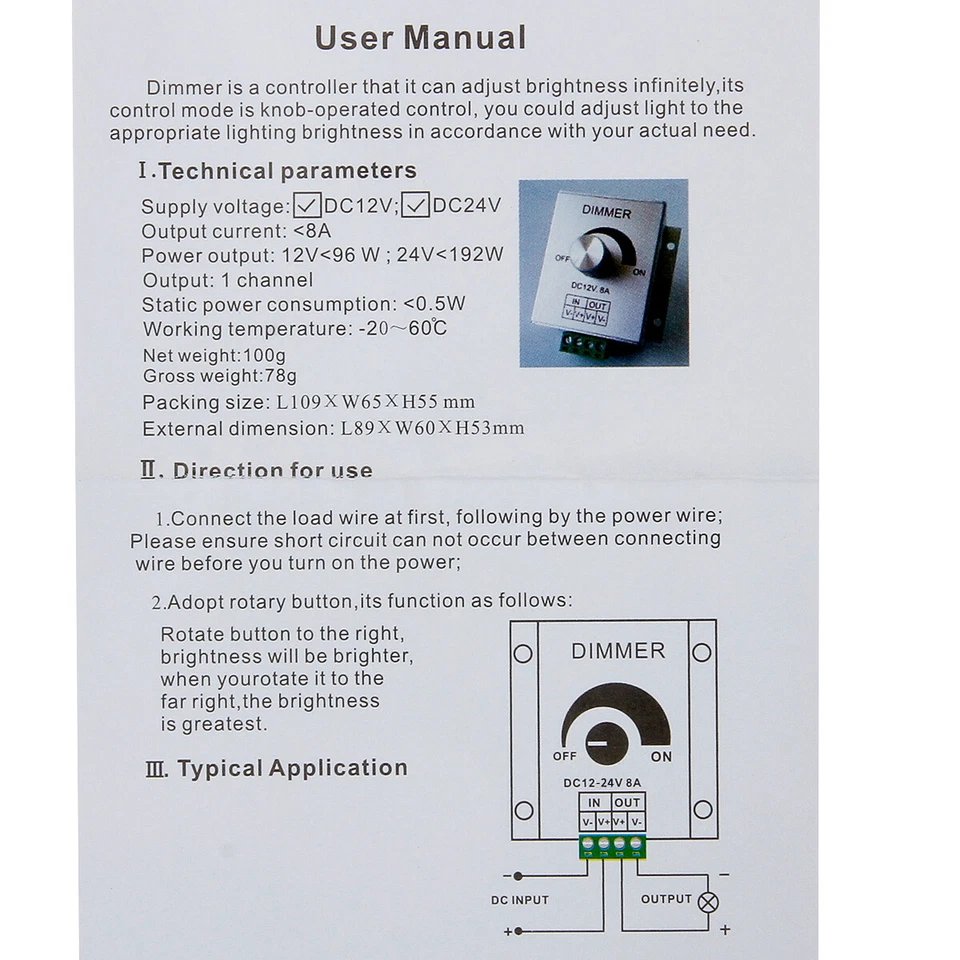 DC 12-24V 8A Single Channel Knob Dimmer Controller For Single Color LED Strip - Image 3 of 4