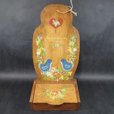 Vintage Wooden Folk Art Hand Painted Saltbox Match Holder Wall Mount Blue Birds