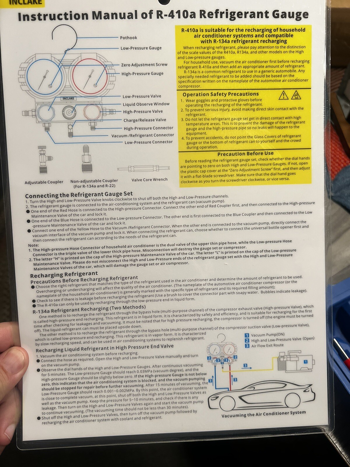 INCLAKE Manifold Gauge Set, Car AC Gauge Set for R134A, R12