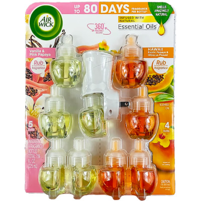 Airwick Essential Oils Air Freshener, 1 Unit & 9 Refills (Pink Vanilla & Hawaii)