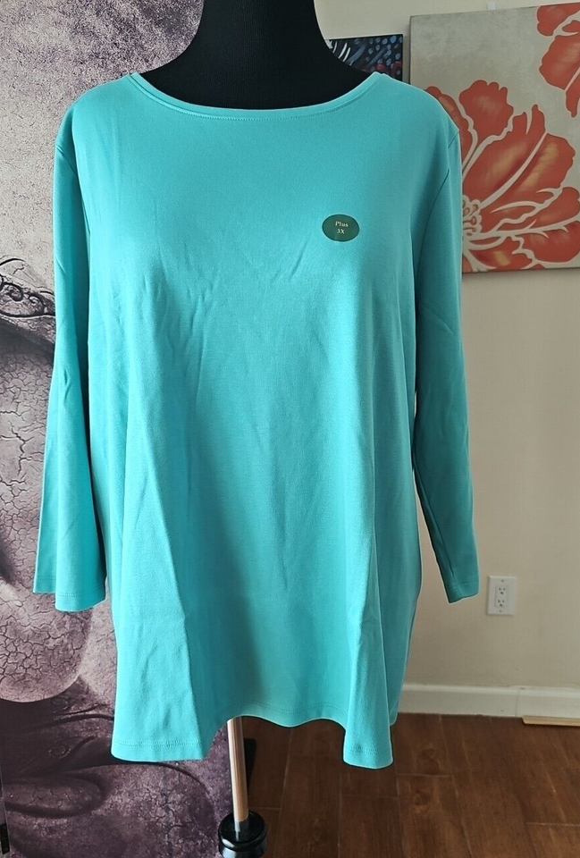 LL BEAN Pima Cotton Shaped Tee 3/4 Sleeve Jewelneck 3XPLUS Storm Teal