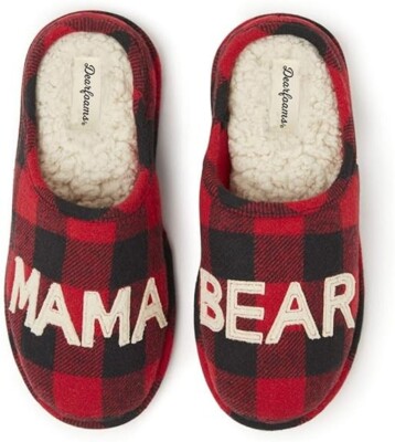 Dearfoams Women s Christmas Gifts Mom Cute Red Plaid NEW 7-8 Mama Bear Slippers