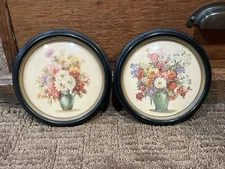 Vtg 40's Lot C&A Richards Floral Flower Art Round Black Frame Convex Bubble