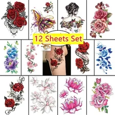 Set of 12 Sheets Waterproof Temporary Fake Tattoo Stickers Flower Arm & Body Art