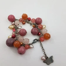 Pink Orange Beaded Bracelet Chunky Statement Silver Tone Butterfly Charm Pearl