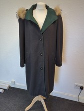 Vintage Wool /alpaca Aquila Coat Long Grey/green Faux Fur Hood Size 14