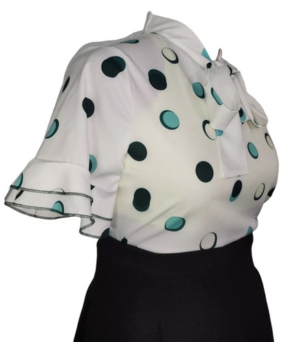 Pussybow Short Sleeve White Green Polka Blouse. 40"/42" bust. Size 14/16 UK New. - Picture 3 of 5