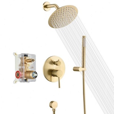 Brushed Gold Shower Faucet Set 8'' Rain Shower Head Combo System with Mixer Valve