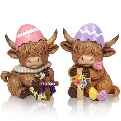 2 Pack Easter Highland Cow Figurines, He is Risen Figurines Highland Cow Deco...
