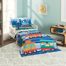 4 Piece Bedding Set -Choo Choo Train- Includes Comforter, Flat Sheet, Fitted ...